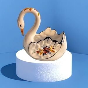 CERAMIC Portugese Folk Glazed Signed Numbered Floral Swan Planter